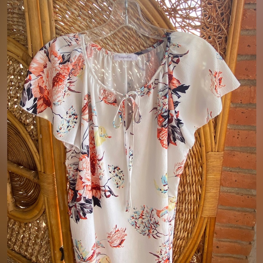 Beautiful Floral Cream and Orange Peasant Blouse Top Size L Excellent Condition - Picture 7 of 8
